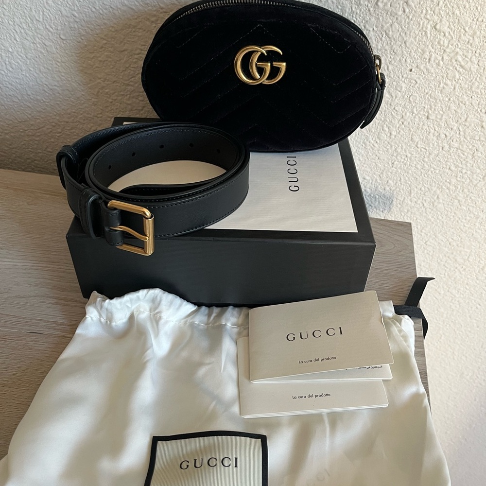 Gucci Velvet Matelasse Marmont Black Belt Bag